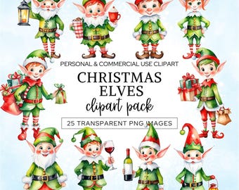 Christmas Elves Clipart Bundle, Cute Elf PNG, Watercolor Festive Graphics, Winter Holiday Scrapbook Images, Card Making, Papercraft Clip Art