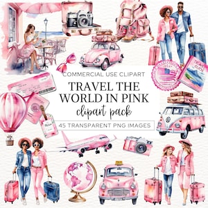 Viaja por el mundo en rosa Clipart PNG, vacaciones de verano, aventura turística Wanderlust, planificador de vacaciones para chicas de París, álbum de recortes, CA11.