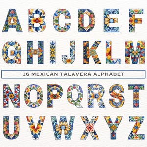 Mexikanische Talavera Alphabet Clipart, Fiesta Doodle Alphabet, mexikanische Schrift Bundle, Cinco de Mayo Art, druckbare Buchstaben und Zahlen, Png. Bild 2