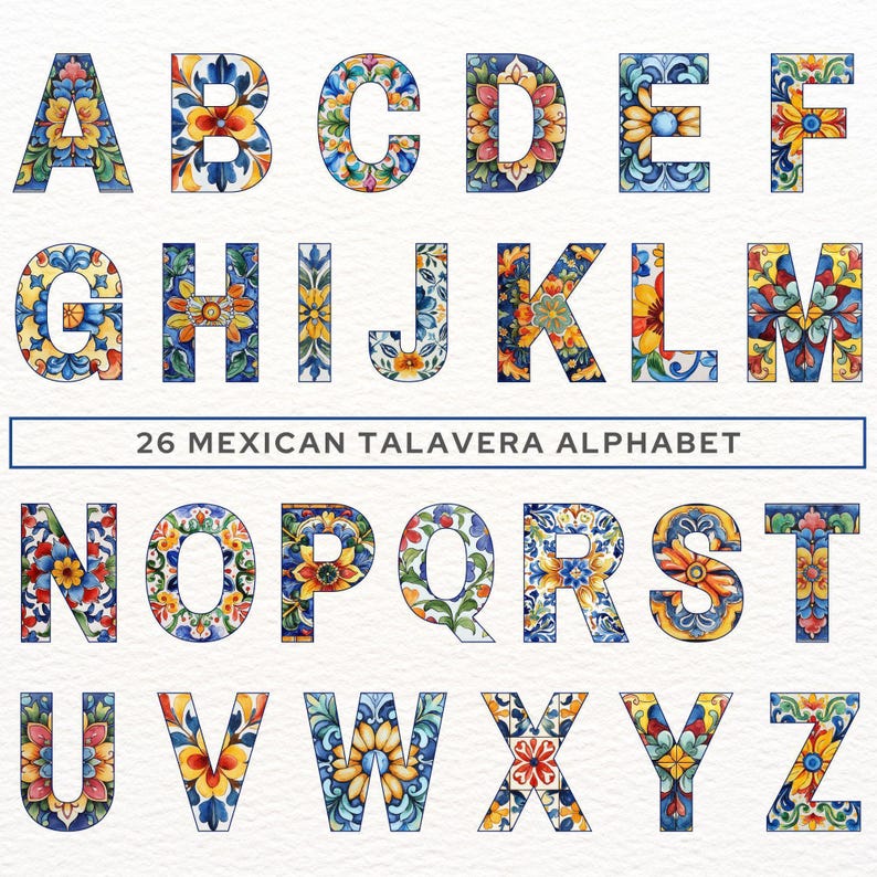 Mexikanische Talavera Alphabet Clipart, Fiesta Doodle Alphabet, mexikanische Schrift Bundle, Cinco de Mayo Art, druckbare Buchstaben und Zahlen, Png. Bild 2