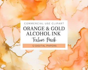 Peut inclure: Un pack de textures de papier numérique avec des motifs d'encre à alcool orange et or. L'étiquette blanche centrale affiche le texte : COMMERCIAL USE CLIPART, ORANGE & GOLD ALCOHOL INK, Texture Pack, 12 DIGITAL PAPERS. Fond à l'encre fluide.