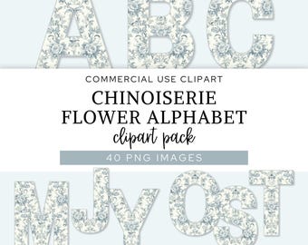 Chinoiserie Flower Alphabet Clipart, Shabby Chic Floral Letters and Numbers, Vintage Toile Monogram PNG, Digital Download for Commercial Use