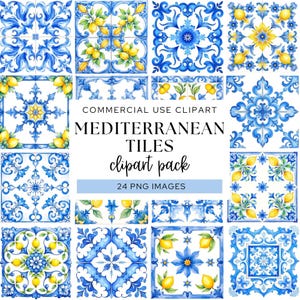 Mediterranean Tiles Clipart, Watercolor Tiles with Lemons, Portuguese Azulejo Ceramic Tiles, Italian Wedding, Blue and Yellow Tile Patterns.