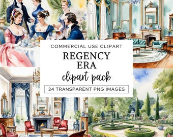 Clipart époque Régence, aquarelles scènes victoriennes, romance vintage, style Bridgerton, éphémères scrapbooking, personnages victoriens PNG