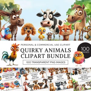 Mega Bundle de cliparts animaux insolites, PNG de chats mignons, chiens insolites, aquarelles drôles d'animaux de la ferme, oiseaux fantaisistes, sublimation pour enfants.