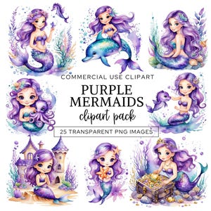 Clipart sirène violet aquarelle, animaux marins mignons, sous la mer, dauphin, décoration de chambre d'enfant, usage commercial, PNG transparent, CA6-11