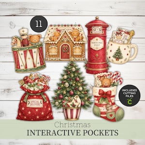 May include: A collection of Christmas-themed illustrations featuring a drum with toys, a gingerbread house, a red North Pole post box, a mug with hot cocoa, a gift sack labelled Special Delivery, a decorated tree, and a stocking with a mouse.