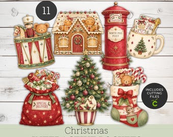 May include: A collection of Christmas-themed illustrations featuring a drum with toys, a gingerbread house, a red North Pole post box, a mug with hot cocoa, a gift sack labeled Special Delivery, a decorated tree, and a stocking with a mouse.