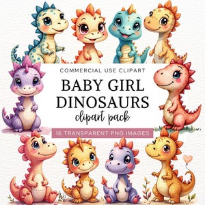 Clipart de dinossauro bebê para crianças, gráficos fofos de dinossauro em aquarela para chá de bebê, arte de berçário, decoração de festa de aniversário de meninas, materiais de artesanato, CA6