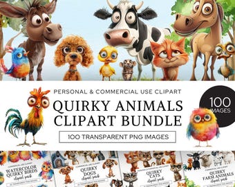 Schrullige Tiere Clipart Mega Bundle, süße Katzen PNG, schrullige Hunde, lustige Bauernhof Aquarelltiere, wunderliche Vögel, Kinder Sublimation.