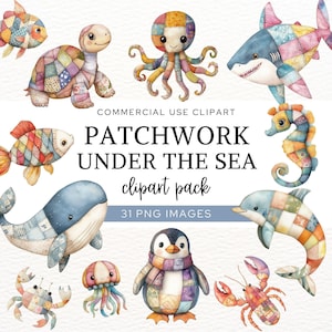 Sea Animals Clipart, Under the Sea Clip Art, Patchwork Stuffed Toys Art for Nursery, Watercolor Ocean Creatures,  Commercial Use, CA6