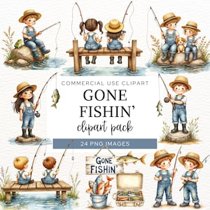 Cute Kids Fishing Clipart, Little Fisherman Clipart, Gone Fishing Clip Art, Watercolor Boys & Girls Catching Fish PNG, Kids Fishing Theme.