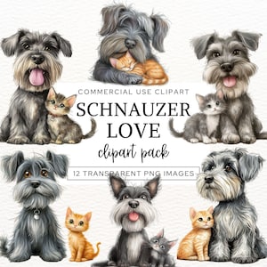 Miniature Schnauzer Clipart, Dog and Cat Best Friends Clipart, Watercolor Cute Puppy and Kitten, Perfect for Scrapbooking and Cardmaking.