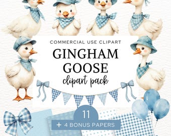 Watercolor Goose Clipart, Blue Silly Goose PNG, Boho Baby Shower Clip Art, Baby Boy Birthday DIY,  Digital Nursery Decor, Commercial Use.