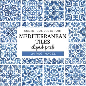 Può includere: Una collezione di motivi di piastrelle ad acquerello blu e bianchi disposti in una griglia. Il riquadro rettangolare bianco centrale presenta il testo nero: COMMERCIAL USE CLIPART MEDITERRANEAN TILES clipart pack 24 PNG IMAGES su una barra blu.