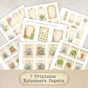 May include: A collection of seven printable ephemera sheets featuring vintage-style seed packets, floral tags, and garden-themed labels. The designs include illustrations of carrots, sweet peas, zinnias, daisies, cucumbers, lettuce, and tomatoes.