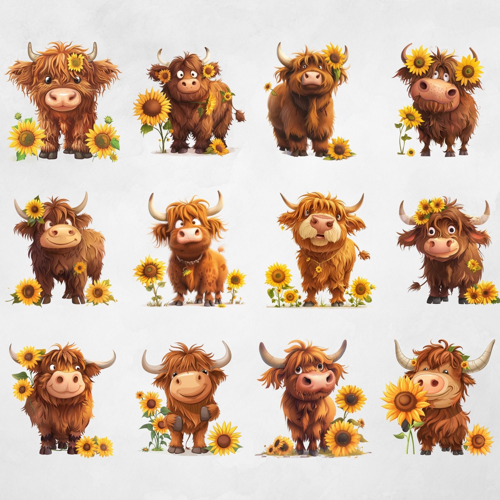 Quirky Highland Cows Watercolor Clipart With Sunflowers, Cute Cows