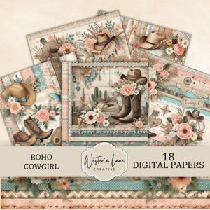 Coquette Cowgirl Digital Papers, Country & Western Printable Scrapbook Pages, Boho Junk Journal Ephemera, Coquette Collage, Cowgirl Boots.