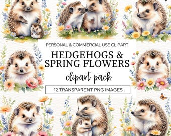 Hedgehogs and Spring Flowers Clipart, Junk Journal PNG, Nursery Decor, Cute Watercolor Woodland Animals, Cardmaking, Scrapbook Images.
