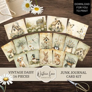 Cartões de diário de margaridas vintage, itens efêmeros para impressão para diário de lixo e scrapbooking, kit de diário de lixo floral, download de artesanato em papel, JJ306