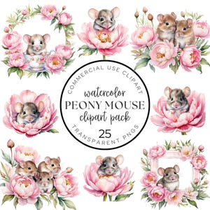 Aquarell Pfingstrose Maus Clipart, Kinderzimmer Dekor, süße Maus, Kinderzimmer Kunst, Kinder Illustrationen, kommerzielle Nutzung, transparente PNG, DDH5-8