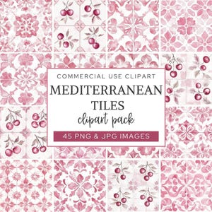 Clipart de azulejos mediterrâneos, azulejos em aquarela, azulejo de cerâmica rosa, estilo toile rosa para scrapbook, cereja, padrão de azulejo sem emendas para artesanato, CA17.