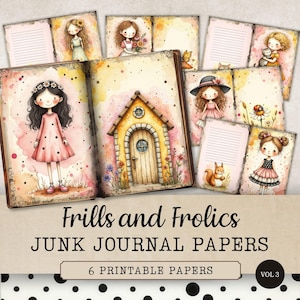 Zestaw papieru do dziennika Cottage Girls Junk, papiery Country Cottagecore, rękodzieło w stylu shabby chic do druku, cyfrowe strony do dziennika i scrapbookingu, JJ321