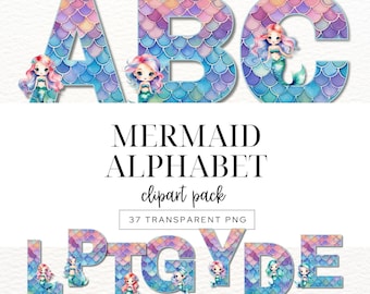 "Aquarell Meerjungfrau Alphabet Clipart, ""Meerjungfrau"" Buchstaben und Zahlen, Mädchen Geburtstag Clip Art, unter dem Meer, Kartenherstellung, kommerzielle Nutzung."