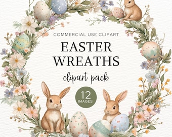 Easter Wreath Clipart, Cute Bunny & Eggs, Watercolor Rabbits and Spring Flowers, Digital Download for Paper Crafts and Card Making, CA23