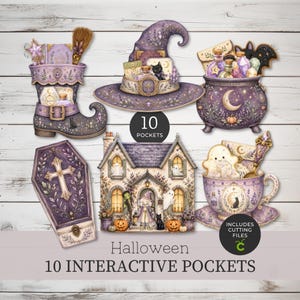 May include: A set of 10 interactive Halloween pockets featuring purple and cream illustrations of a witch hat, a cauldron, a boot, a coffin, a house, and a teacup. The text reads 10 POCKETS, Halloween, 10 INTERACTIVE POCKETS, and INCLUDES CUTTING FILES.