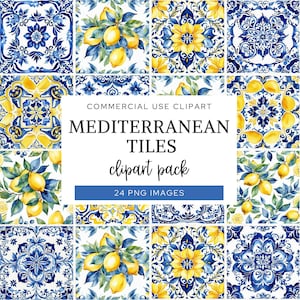 Azulejos mediterráneos, imágenes prediseñadas de limones en acuarela, azulejos de cerámica portugueses, marroquíes, licencia comercial, papel digital azul y blanco.