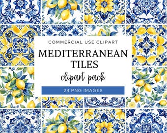 May include: A collection of digital graphic files featuring Mediterranean-style tile patterns in blue and yellow, interspersed with illustrations of lemons and green leaves, with text reading COMMERCIAL USE CLIPART MEDITERRANEAN TILES.