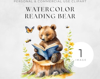 Reading Bear Clipart PNG, Woodland Teddy Bear reading a book, Watercolor Nursery Art, Cute Scrapbook & Junk Journal Illustrations, Bookworm.