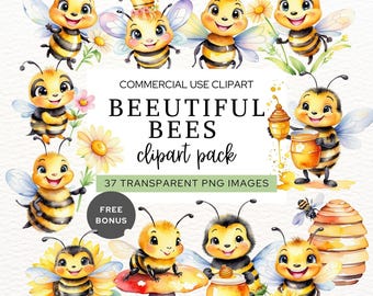 Bee Clipart, Cute Watercolor Bumble Bee PNG, Digital Download for Crafts, Honey Bee Illustrations, Scrapbooking Clip Art, Spring Decor.