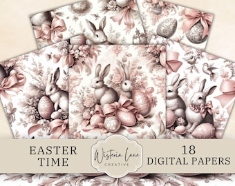 Easter Digital Paper, Pink Bunny Patterns, Scrapbook Backgrounds, Printable Easter Designs, Rabbit and Easter Egg Scrapbooking Pages, CA23