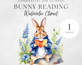 Watercolor Bunny Clipart, Nursery Art, Cute Bunny PNG, Bunny Baby Shower, Nursery Decor, Rabbit & Spring Flowers, Commercial use.