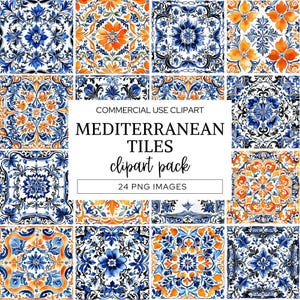 Imágenes prediseñadas de azulejos mediterráneos, acuarela azul y naranja marroquí, azulejo portugués de cerámica, licencia comercial, descarga digital, CA17.