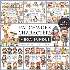 Lapptäckefigurer Clipart Mega Bundle, Söta små zoodjur, Akvarell Safari, Bondgårdsdjur, Undervattensdjur, Mormorsflickor och pojkar