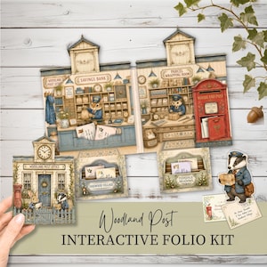 Peut inclure: Un kit de folio interactif Woodland Post présentant des scènes illustrées d'un bureau de poste, d'une banque d'épargne et d'une salle d'emballage de colis avec des animaux anthropomorphes. Inclut des éléments découpés comme un bureau de poste et un blaireau.