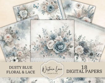 Blue Flowers & Lace Digital Papers, Dusty Blue Floral Backgrounds, Printable Floral Scrapbook Pages, Vintage Flowers Junk Journal, DP07