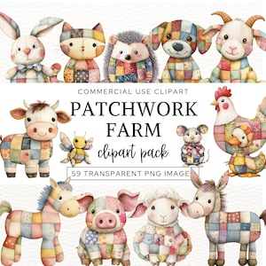 Patchwork Farm Animals Clipart, Cute Farming Animals Clip Art Bundle, Digital Clipart-Farm Animals, Watercolor Quirky Nursery Farm Animals