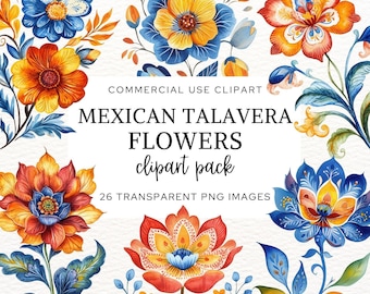 Mexican Talavera Flowers Clipart, Colorful Mexican Flowers, Otomi Clipart, Cinco de Mayo, Printable Watercolor Fiesta Clip Art Download.