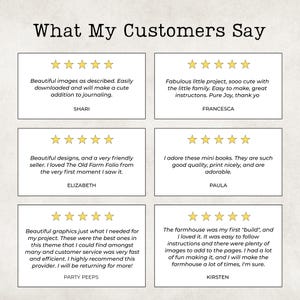 May include: A graphic display titled What My Customers Say featuring six individual customer reviews. Each review includes a five-star rating in yellow and text testimonials from Shari, Francesca, Elizabeth, Paula, Party Peeps, and Kirsten.