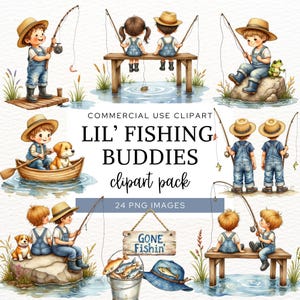 Little Fisherman Clipart, Cute Boys and Girls Fishing Clip Art, Watercolor Kids Fishing Graphics, Boy & Girl Anglers Catching Fish PNG.
