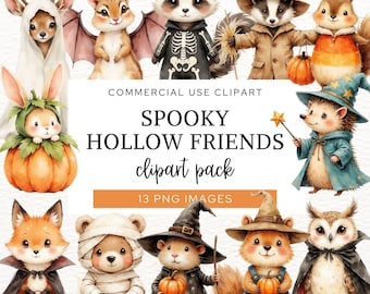 Halloween Tier Clipart, süße Waldtiere in Halloween-Kostümen, gruselige PNG Grafiken, Süßes oder Saures digitaler Download zum Basteln.