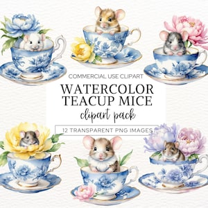 Clipart di topo in una tazza da tè in formato PNG da scaricare in formato digitale, topi in tazza da tè acquerellati per inviti per baby shower, diario spazzatura, lavori di carta e scrapbooking.