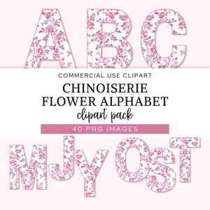 Clipart Alphabet Chinoiserie Flower, Vintage Pink Toile Monogram PNG, Shabby Chic Floral Letters and Numbers for Commercial Use.