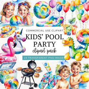 Clipart zwembadfeest, kinderen zomerplezier illustraties, aquarel digitale download, perfect voor kinderen verjaardagsuitnodigingen en decor voor zwembadfeest, CA6