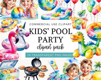 Pool Party Clipart, Kids Summer Fun Clip Art, Watercolor Digital Download, Perfect for Kids Birthday Pool Party Invitations and Decor, CA6