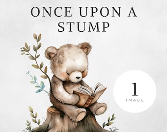 Bear Reading a Book Clipart, Cute Bears PNG, Woodland Nursery Art, Digital Download for Kids' Decor, Watercolor Animals Illustration, CA10